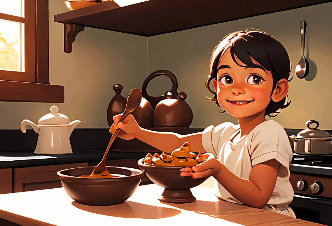 A smiling child holding a bowl of warm Indian pudding, in a cozy kitchen with a traditional farmhouse decor..
