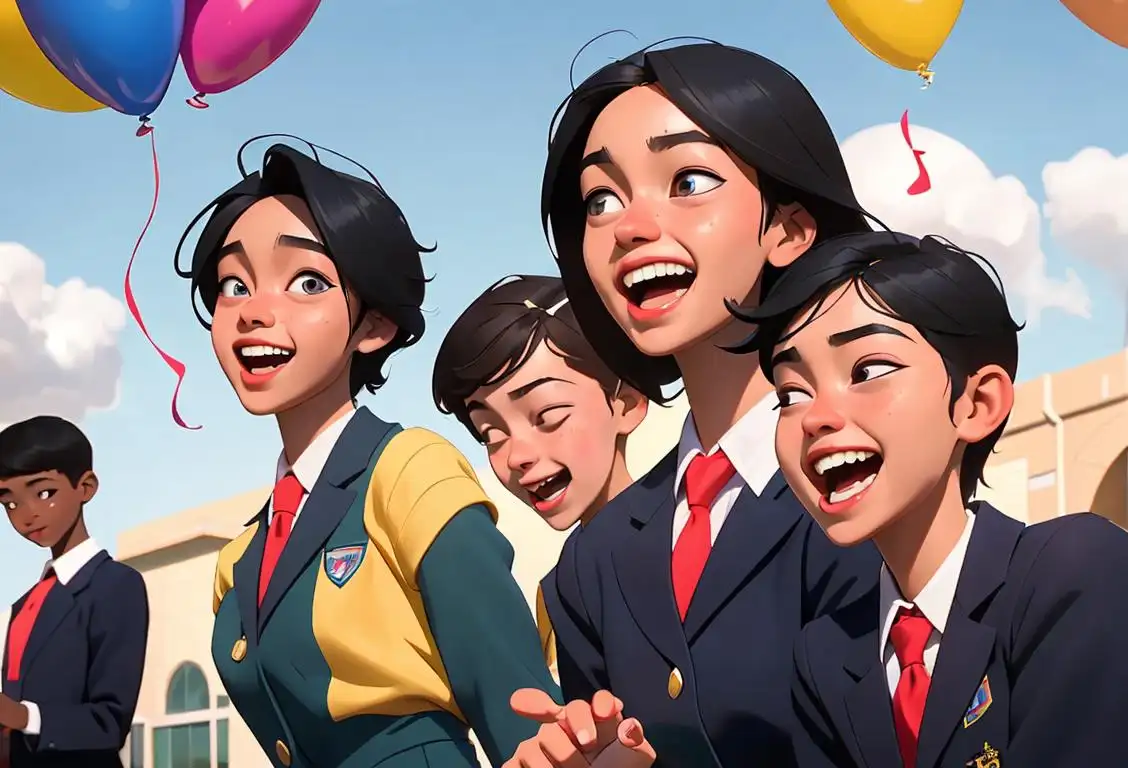 A diverse group of young students wearing stylish uniforms, laughing and celebrating the news of their secondary school offers, against a backdrop of a colorful school campus..