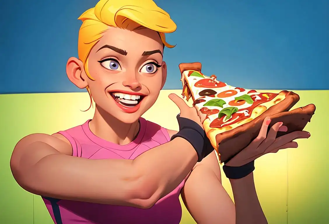 Smiling person wearing workout gear, holding a pizza slice mid-air, surrounded by vibrant gym equipment and a motivational fitness quote on the wall..