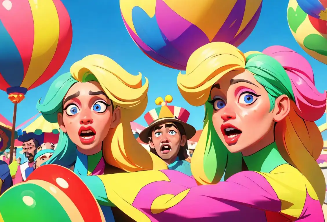 A group of people in colorful clothes, each speaking in their own unique gibberish language, surrounded by a vibrant and silly carnival atmosphere..