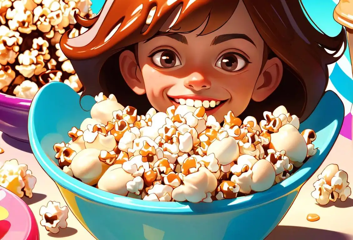 Sweet tooth’s delight! A young child with a wide grin holds a bowl of caramel popcorn, surrounded by colorful carnival decorations..