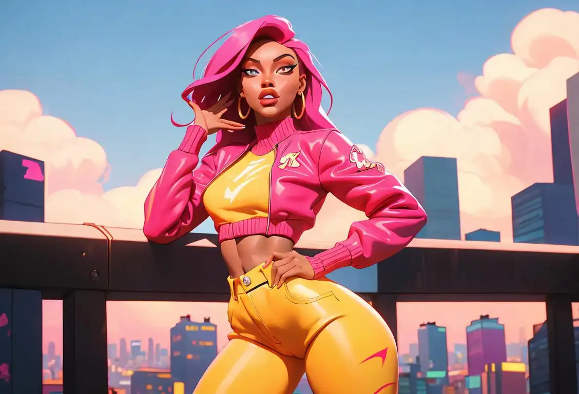 Young woman in vibrant hip-hop attire, striking a confident pose, urban cityscape backdrop, radiating the energy and power of Meg Thee Stallion!.
