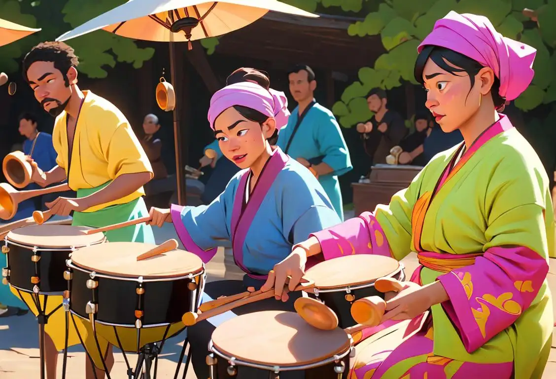 A diverse group of people playing various percussion instruments, wearing vibrant clothing from different cultures, in a lively outdoor setting..