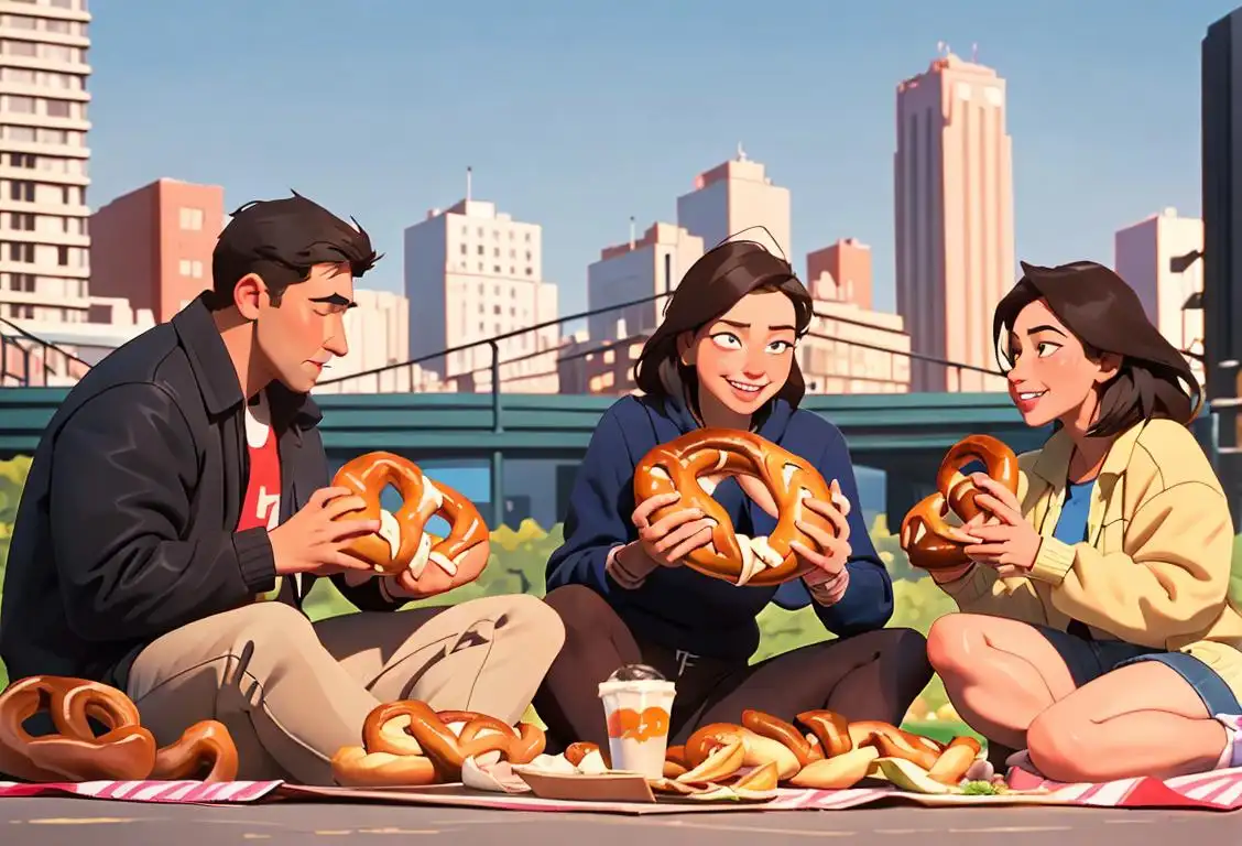 A group of diverse friends happily biting into soft pretzels, wearing casual clothes, enjoying an outdoor picnic with city skyline in the background..