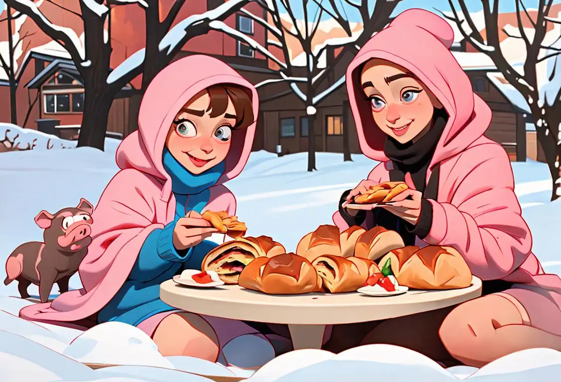 Happy couple sharing a plate of delectable bite-sized sausage rolls, cozy winter attire, beautiful outdoor picnic setting..