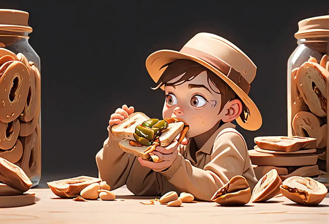 A cheerful child munching on a peanut butter sandwich, wearing a playful hat, surrounded by jars of peanut butter and peanut-related items..