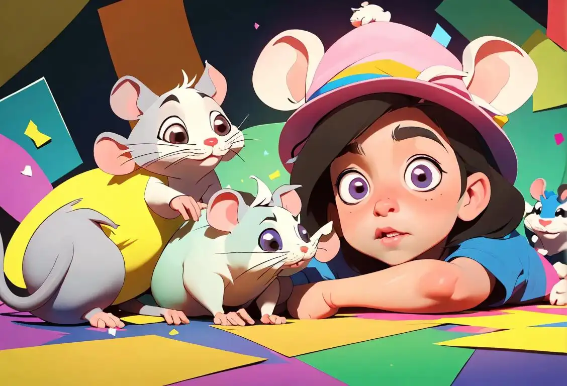 Adorable child surrounded by cute cartoon rats, wearing a party hat, colorful confetti-filled room..