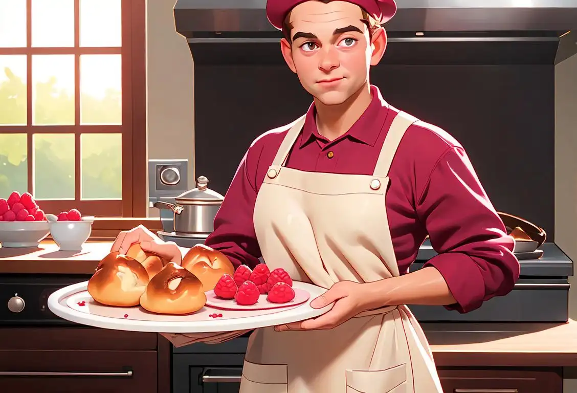 Young baker holding a tray of freshly baked raspberry popovers, wearing a chef's hat and apron, in a cozy kitchen..