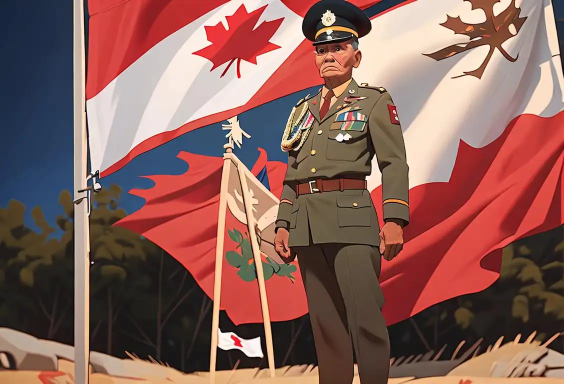 A proud Aboriginal veteran in uniform, standing tall with a Canadian flag backdrop, representing honor and sacrifice..