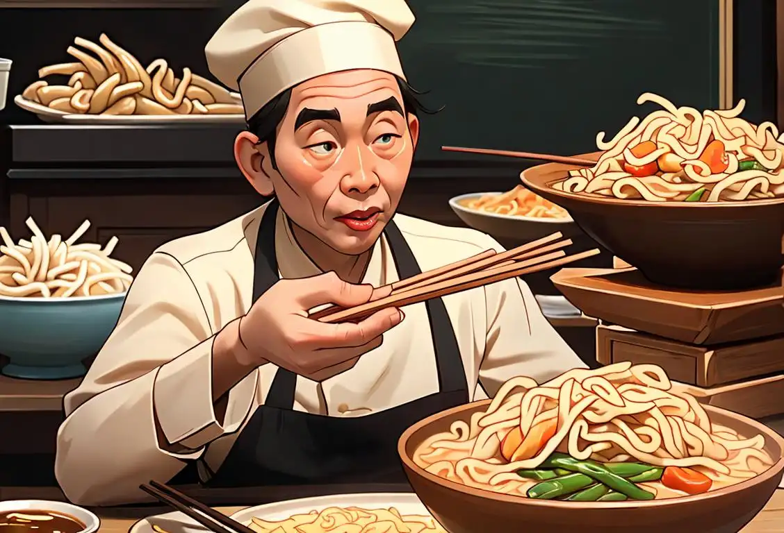 A person enjoying a bowl of noodles with chopsticks, wearing a chef's hat, in a bustling Asian street food market..