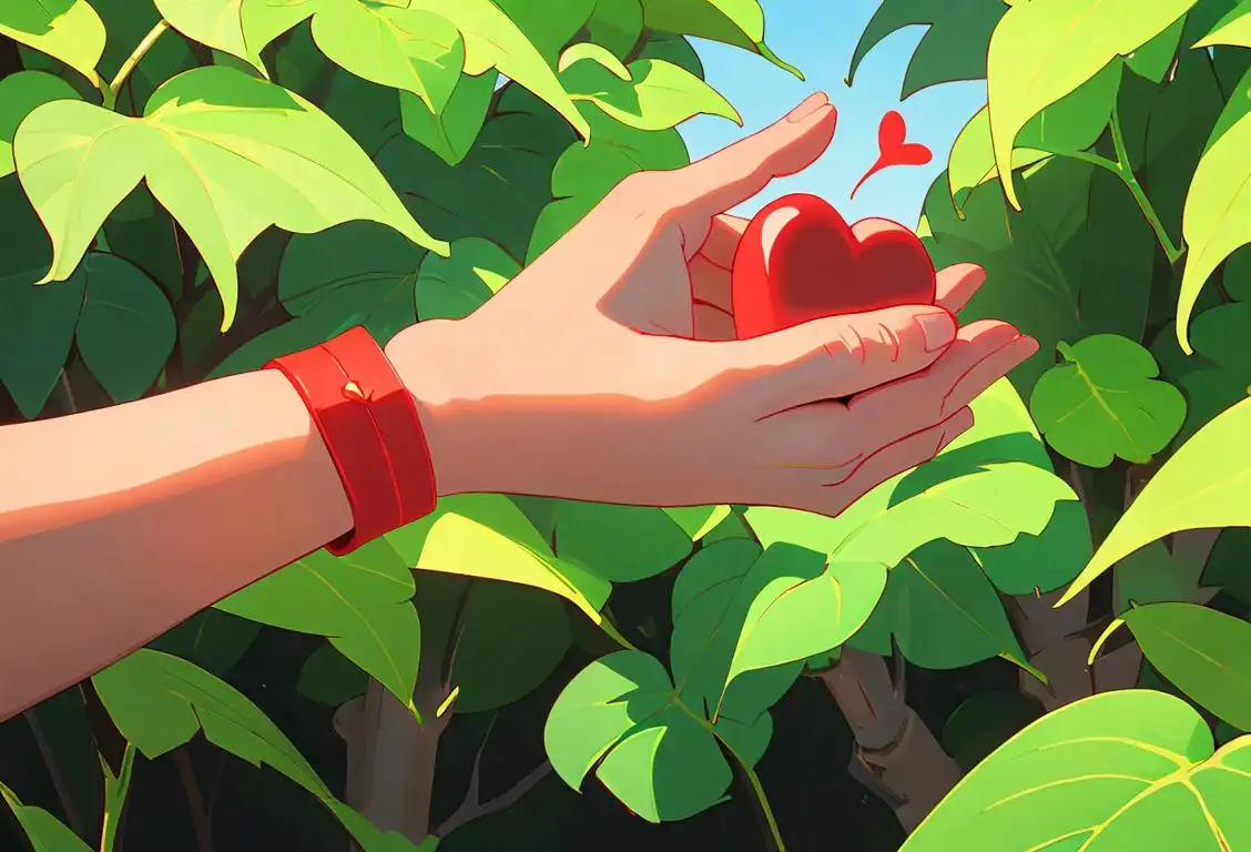 Happy person holding a red heart, wearing a wristband, surrounded by greenery, nature-loving vibes..