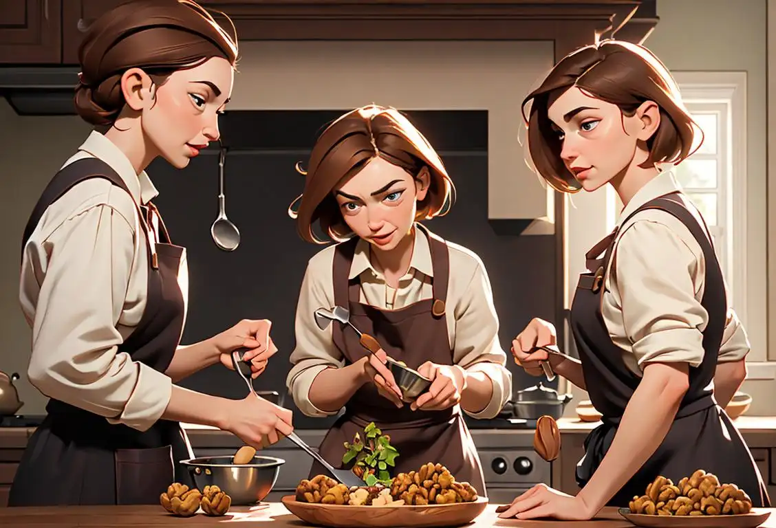 Group of people cracking open walnuts together, wearing aprons, in a cozy kitchen setting..
