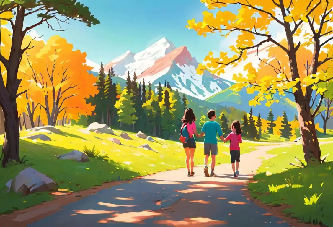 A family hiking together in a beautiful national park, wearing colorful outdoor clothing and enjoying the scenic nature surroundings..