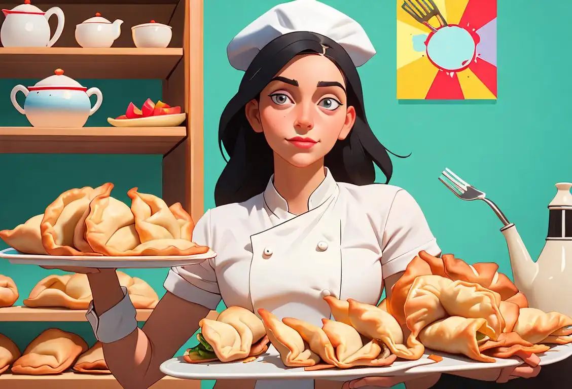 Young woman with a chef hat, proudly displaying a tray of freshly baked empanadas, colorful kitchen background, vibrant cooking utensils..