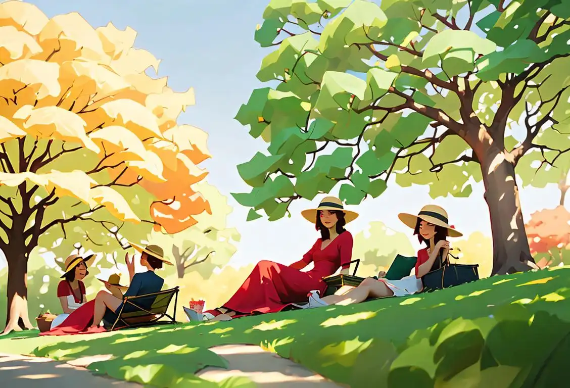 A group of friends lounging under a leafy tree, wearing sun hats and summer dresses, enjoying a picnic in a park..