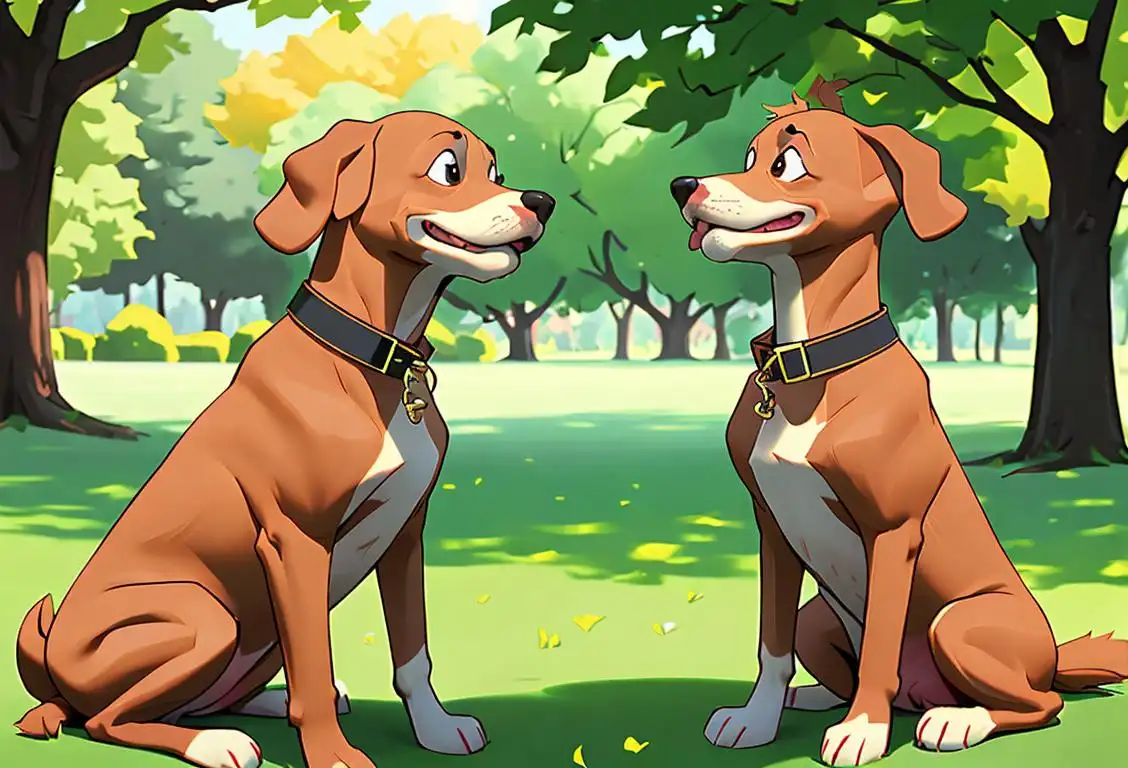 Two happy dogs, sitting side by side, wearing matching collars, surrounded by a lush green park.