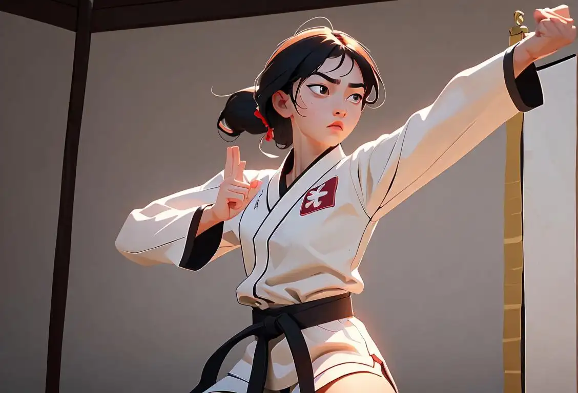 Young woman practicing martial arts with a taekwondo uniform and belt, in a serene dojo setting..