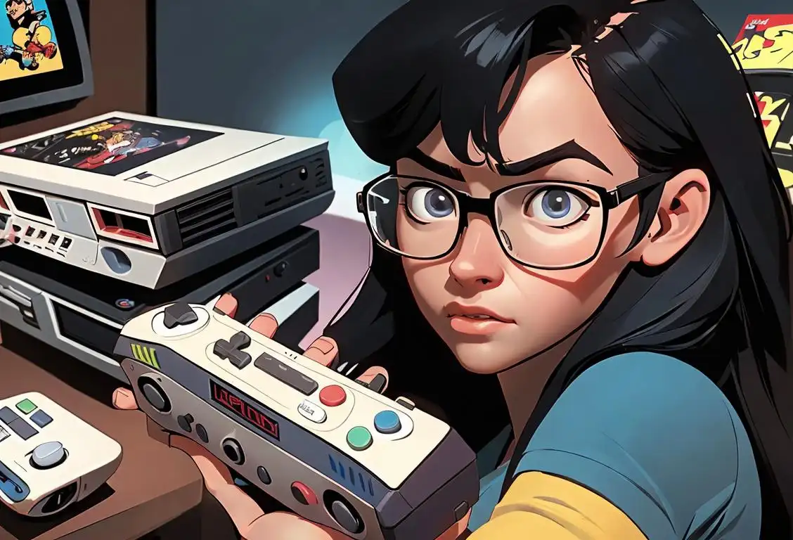 Young woman wearing glasses, holding a comic book, surrounded by retro video game consoles and sci-fi memorabilia..