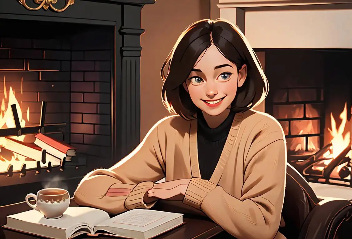 A cozy fireplace scene with a smiling individual wearing a classic cardigan, surrounded by books and a cup of tea..