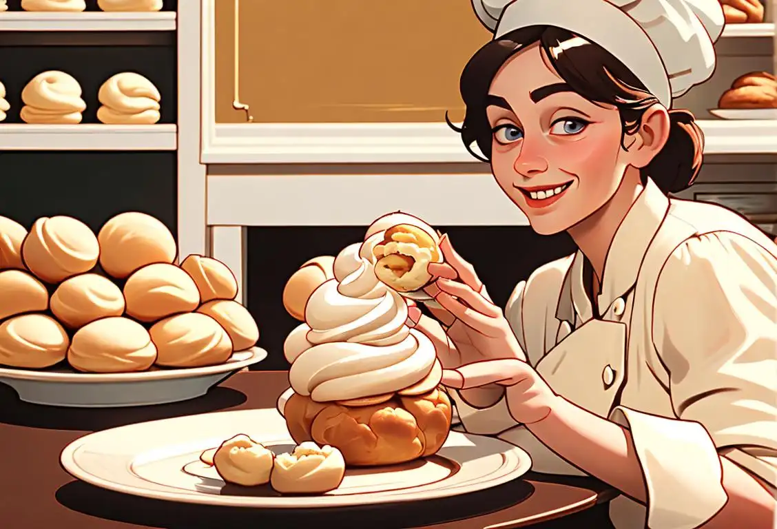 Joyful person enjoying a cream puff, wearing a chef hat, vintage bakery setting, surrounded by delicious pastries.