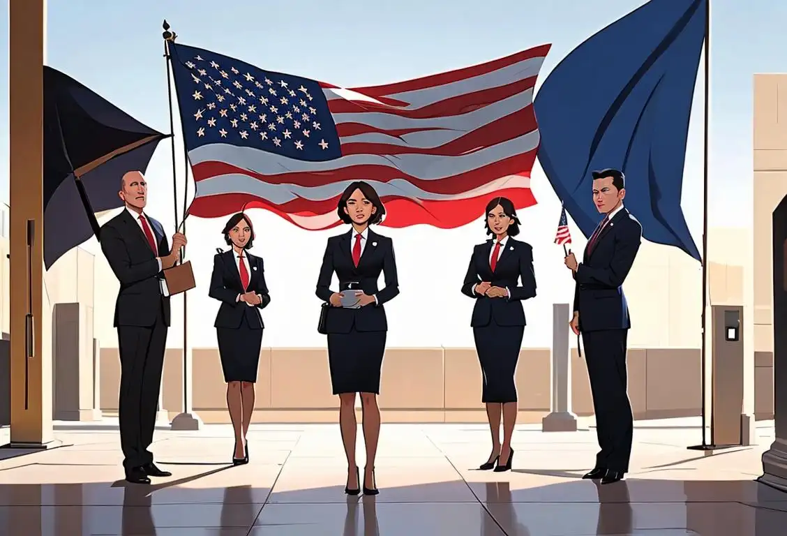 A group of professionals in business attire standing in front of a government building, holding briefcases, with an American flag waving in the background..