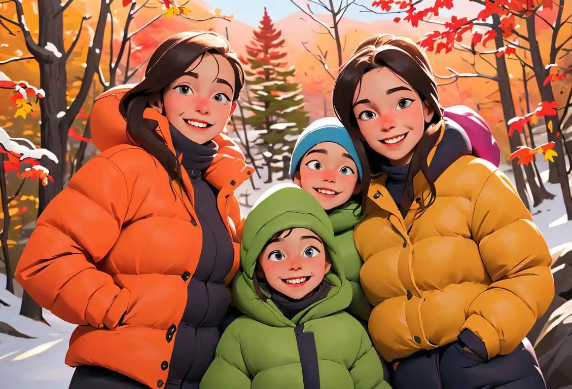 Joyful family hiking in the scenic White Mountains of New Hampshire, wearing cozy winter jackets, surrounded by colorful fall foliage and smiling faces..