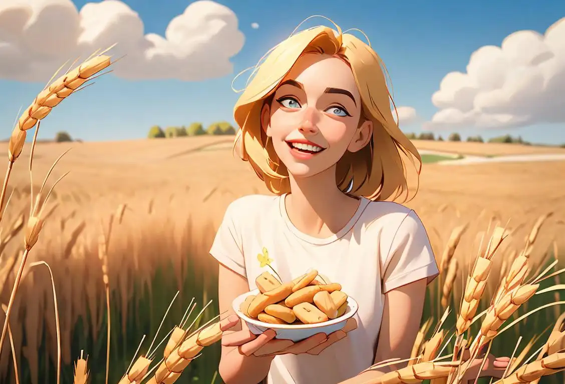 Joyful person wearing a trendy gluten-free t-shirt, enjoying a picnic in a sunny wheat field surrounded by gluten-free snacks..