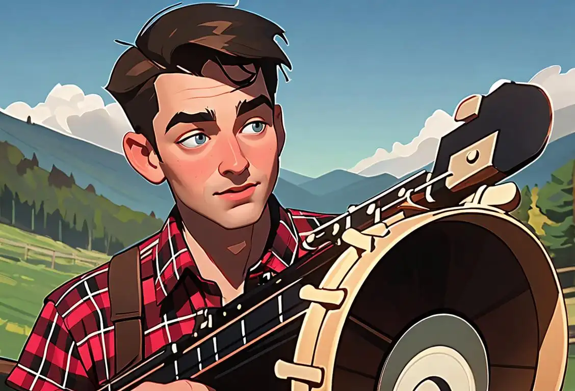 Young man playing banjo, wearing plaid shirt, with backdrop of Appalachian mountains and coal mine.