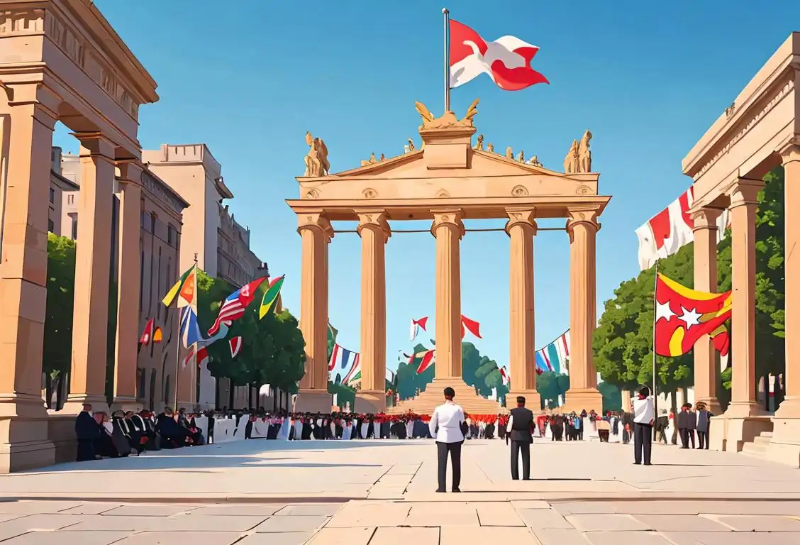 A group of people gathered around a majestic monument, with the national flag proudly waving in the background. Some people are wearing traditional attire, while others donning modern fashion, creating a diverse and vibrant scene..