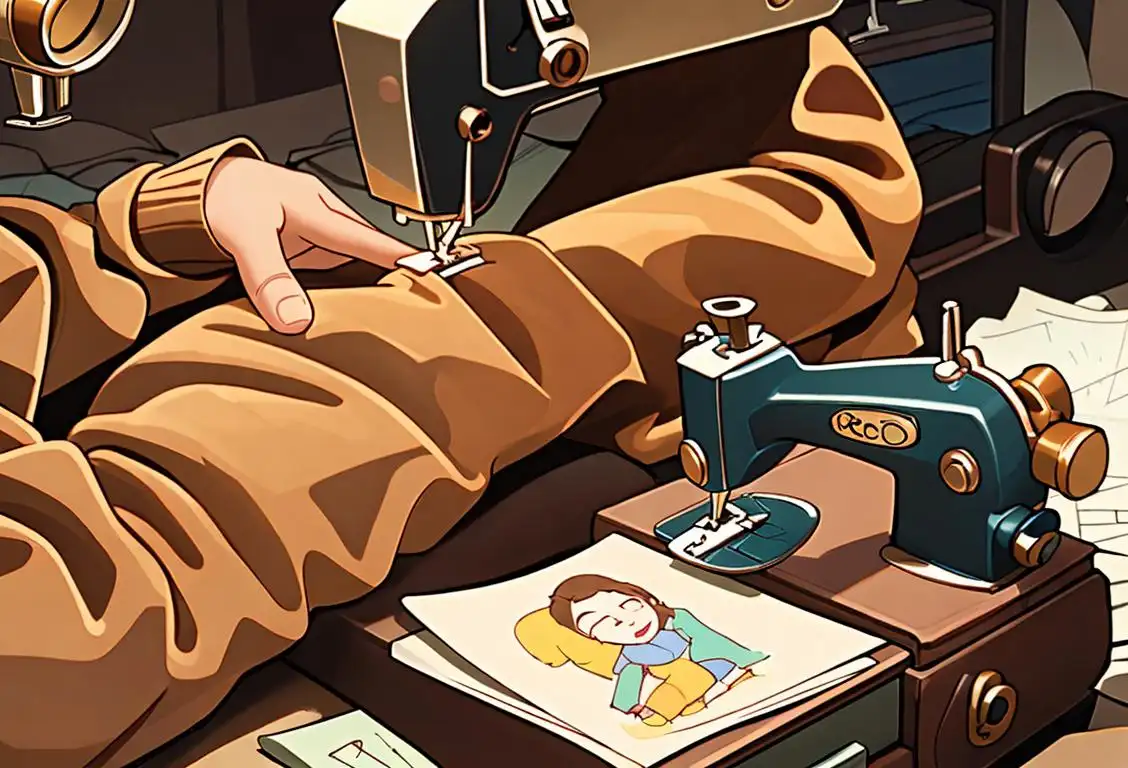 A young person in corduroy clothing, holding a corduroy fabric sample, surrounded by fashion sewing tools and a sewing machine..