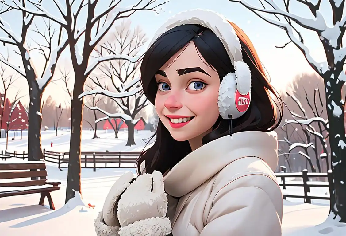 Young woman with earmuffs, cozy winter outfit, snow-covered park setting, smiling and enjoying National Ear Muff Day..