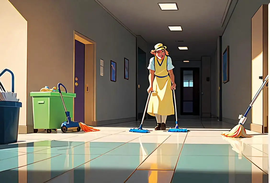 A cheerful custodian in uniform, holding a mop, surrounded by sparkling clean hallways and colorful cleaning supplies..