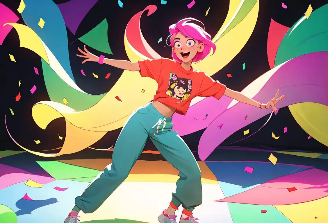 Young person enjoying the single life, wearing comfy pants, dancing to empowering music, surrounded by colorful confetti..
