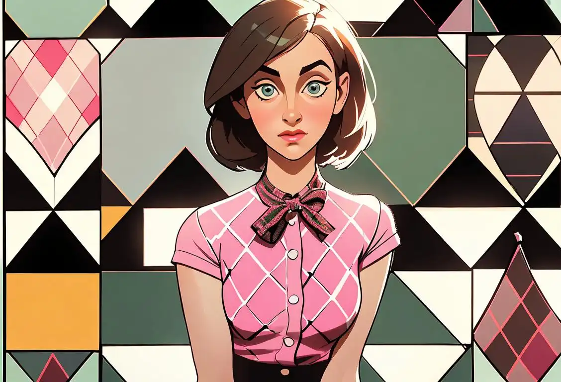 Young woman wearing stylish argyle socks, admiring a display of argyle patterns, surrounded by a vintage fashion store..
