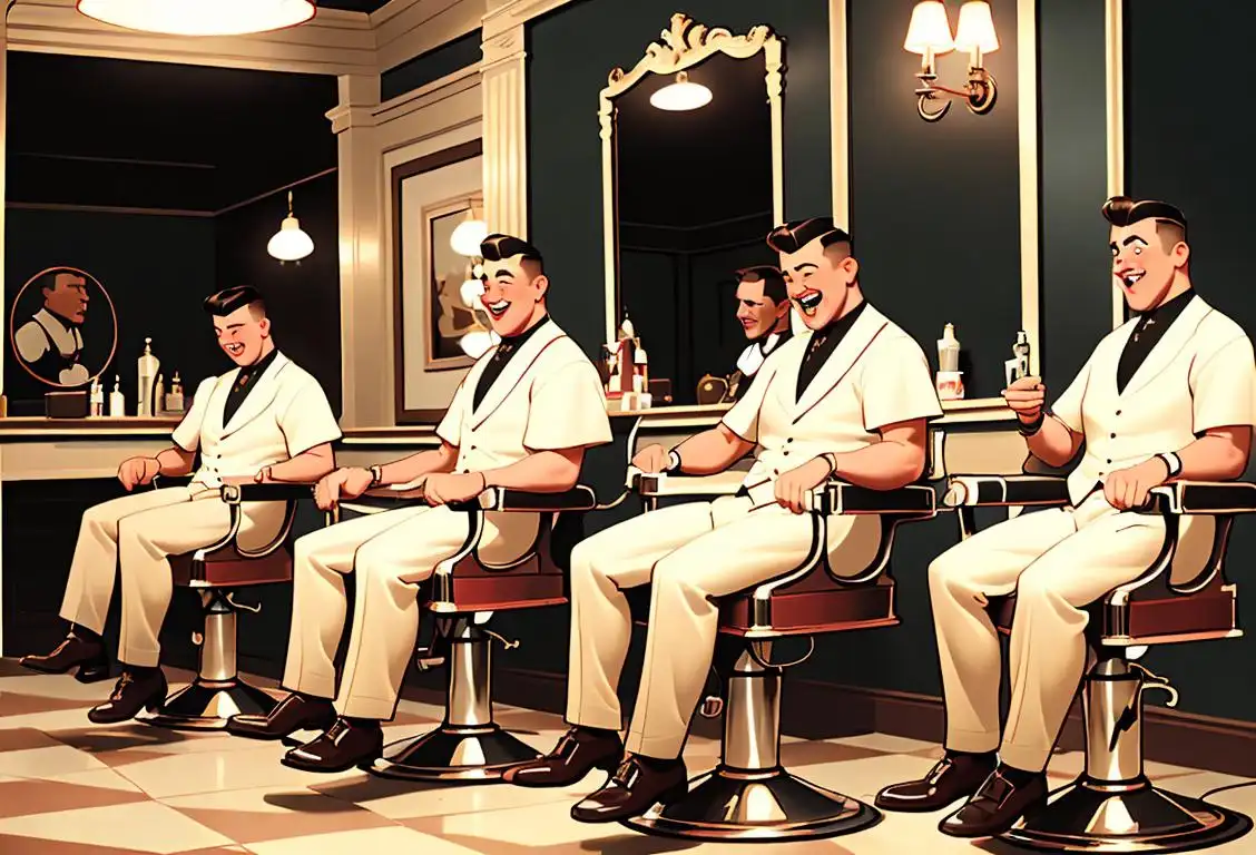 A group of smiling men dressed in retro attire, harmonizing together, surrounded by vintage barber shop decor..