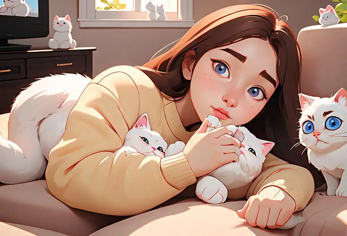 Adorable young girl holding a fluffy white cat, wearing a cute kitty-themed sweater, surrounded by a cozy living room scene..