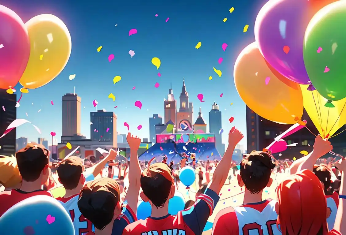 Group of cheering people wearing team jerseys, colourful balloons, confetti, city skyline backdrop..