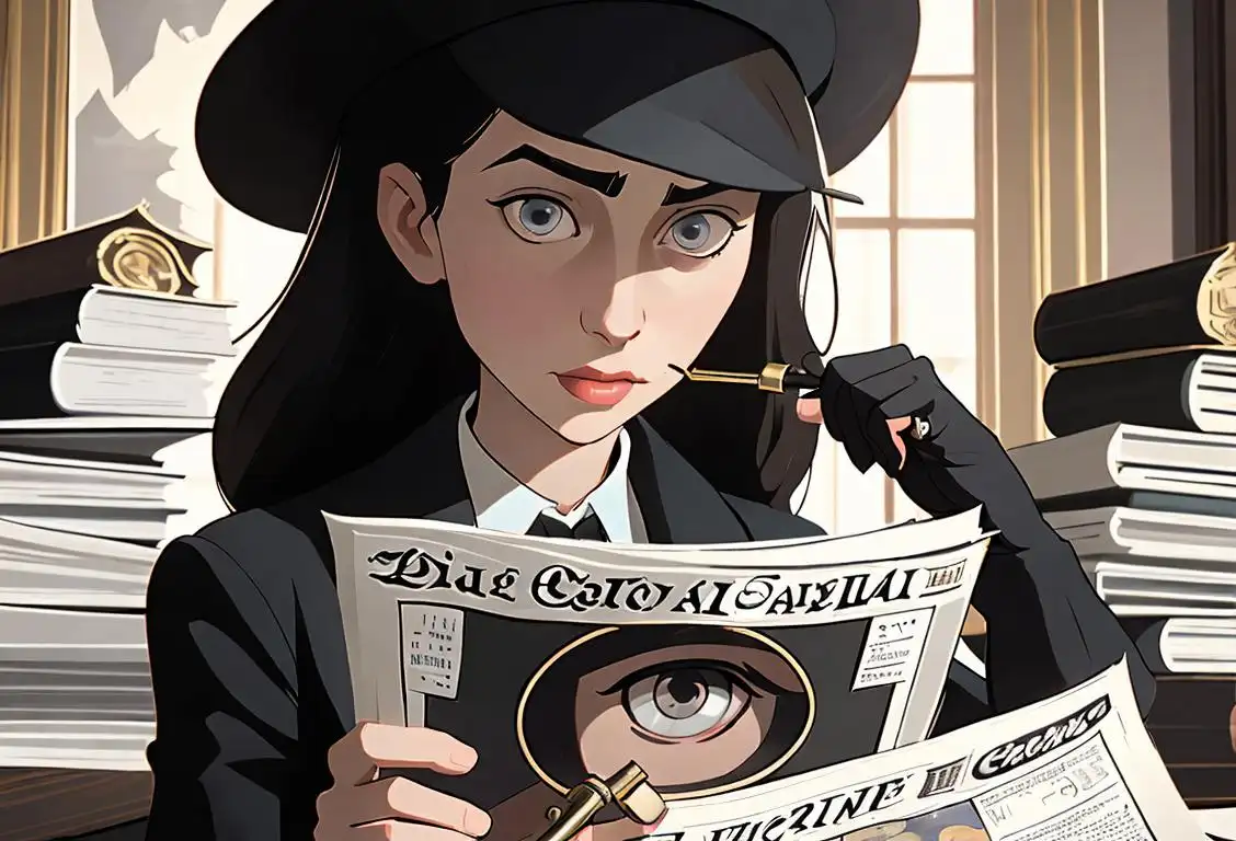 Young woman holding a magnifying glass, wearing a detective hat, investigating scandalous clues while surrounded by stacks of scandalous newspapers..