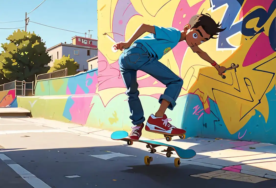 Young skateboarder performing a kickflip on a sunny city street, wearing baggy pants, skate shoes, and a skateboard with vibrant graffiti art..