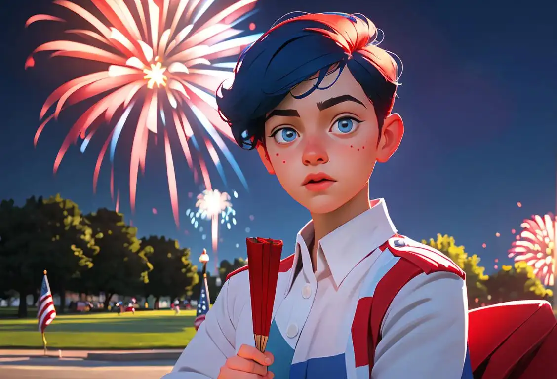 Young person wearing red, white, and blue clothing, holding a flag, in a park with fireworks in the background..