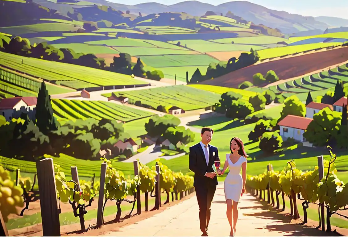 Happy people at a vineyard, enjoying wine tasting, dressed in elegant attire, surrounded by lush vineyards and scenic landscapes..