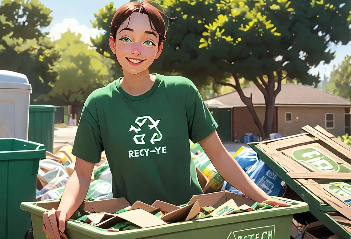 Happy person sorting recyclables, wearing a green recycling shirt, eco-friendly background with trees and bins, sustainable lifestyle..