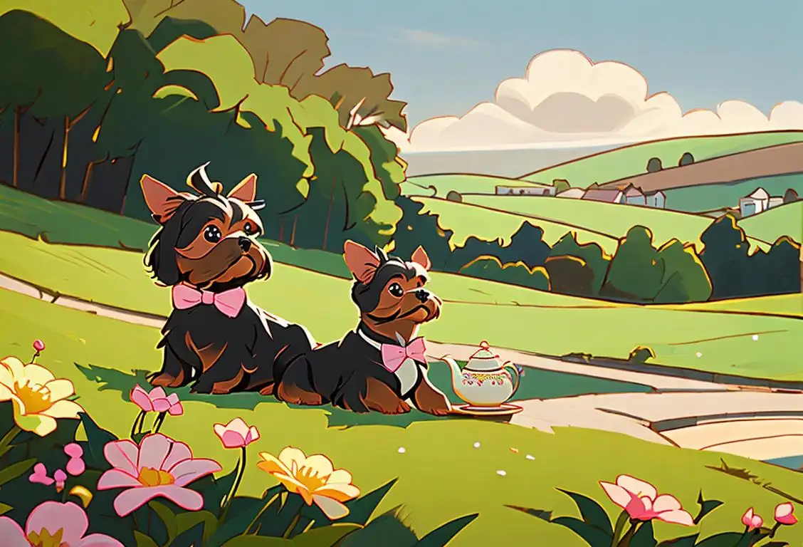Cheerful Yorkshire terrier sitting next to a teapot, wearing a bowtie, English countryside background with rolling hills..