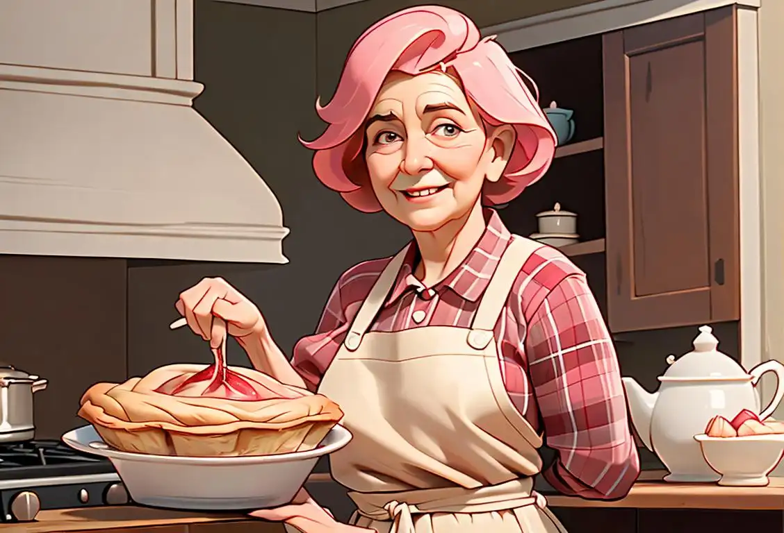 A smiling grandmother holding a freshly baked rhubarb pie with a rustic kitchen backdrop and a vintage apron..