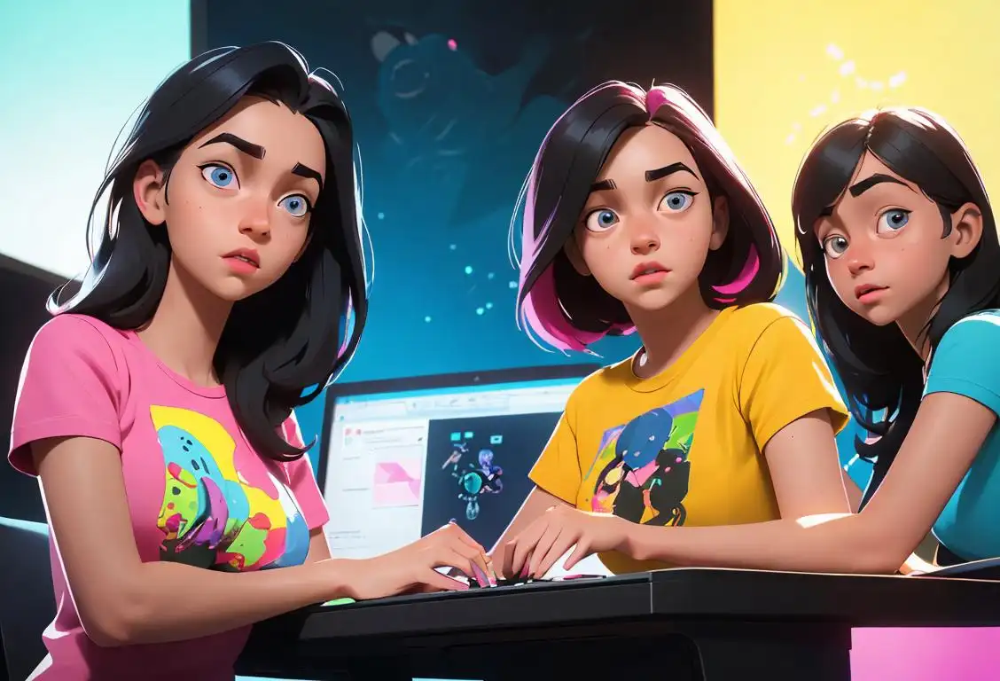 Young girls of diverse backgrounds, wearing digital-themed t-shirts, gathered around a computer and coding together in a colorful, futuristic tech lab..