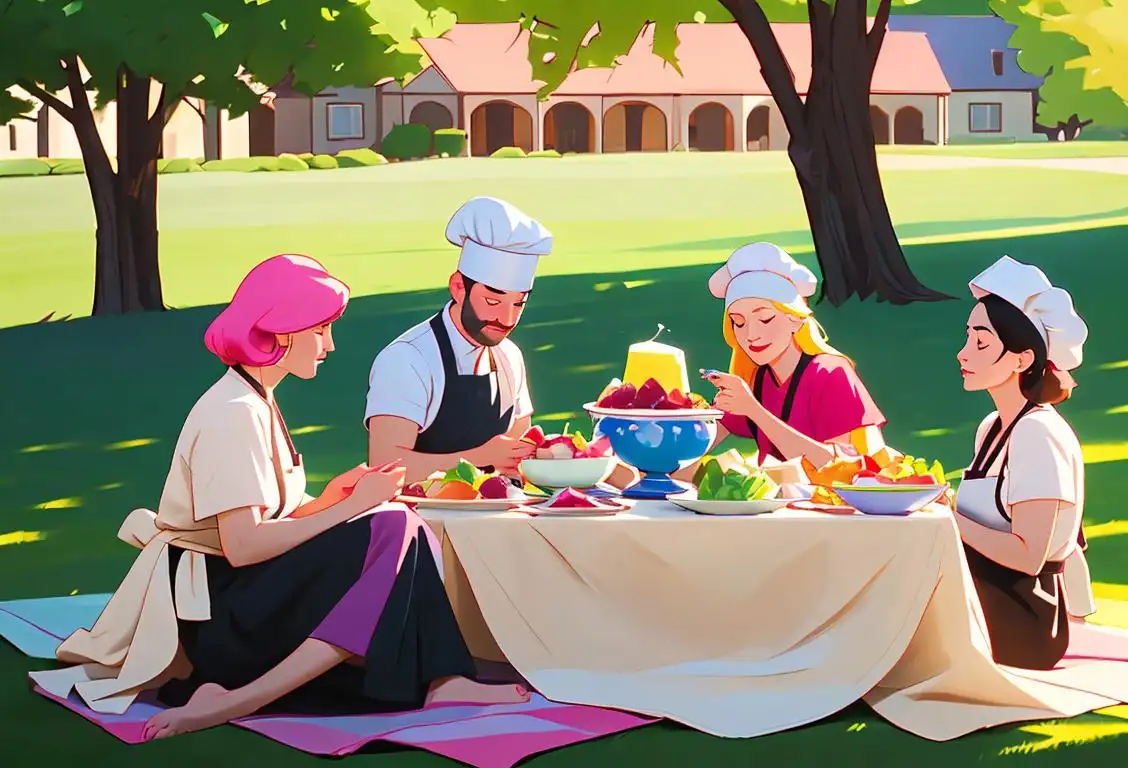 A group of friends wearing chef hats, sharing a large bowl of ambrosia salad, surrounded by picnic blankets and colorful outdoor scenery..