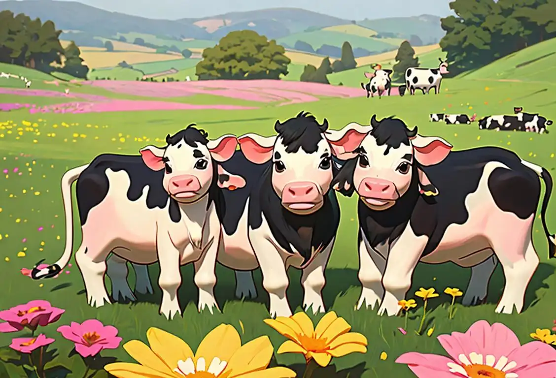 A group of smiling children wearing cow costumes, surrounded by a beautiful countryside backdrop with colorful flowers..
