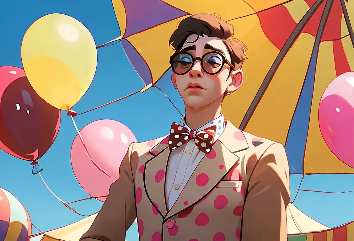 Young man wearing mismatched socks, oversized sunglasses, and a polka dot bow tie, in front of a circus tent with colorful balloons..
