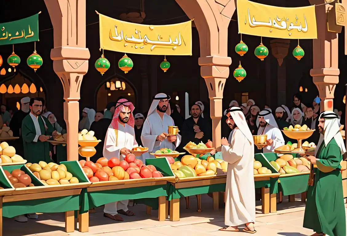 Group of people wearing traditional Saudi Arabian attire, enjoying a festive atmosphere, surrounded by beautiful architecture and lively market stalls..