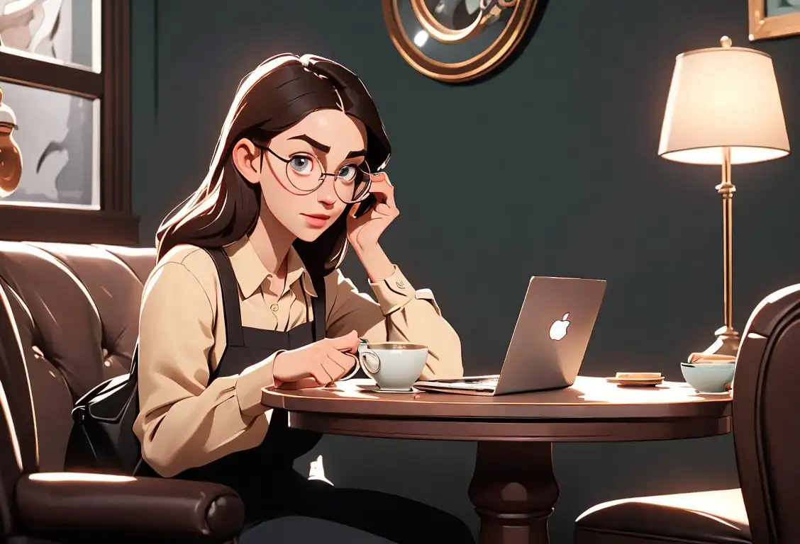 Young adult holding a magnifying glass, dressed in casual attire, sitting in a coffee shop with laptops and smartphones in the background..